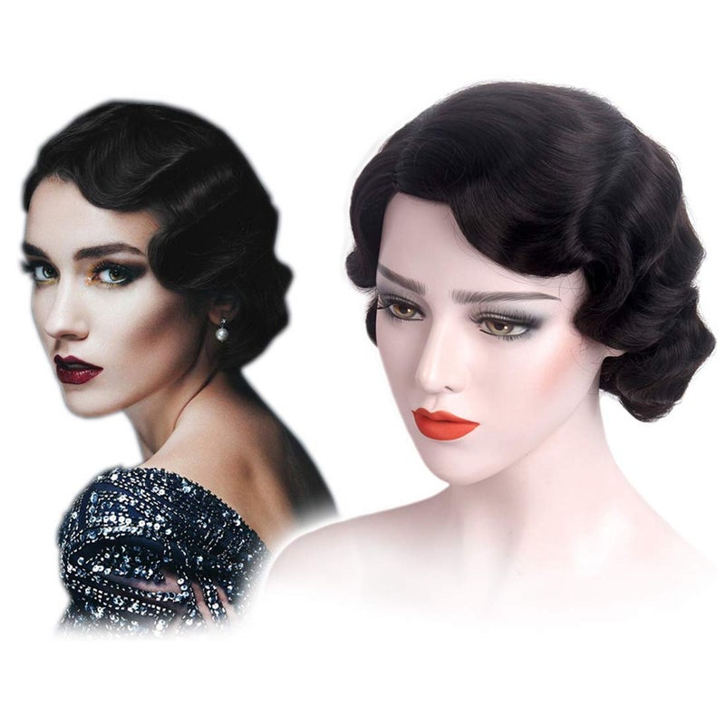 STfantasy 20S Finger Wave Wig Flapper Curly Synthetic Hair for Women 1920s Cosplay Costume Halloween Party Daily Everyday Wear (Black) - Image 1